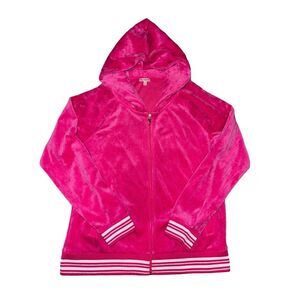 Juicy Couture Hoodie Pink Womens Sz‎ XL Velour Y2K Barbiecore Full Zip Ribbed